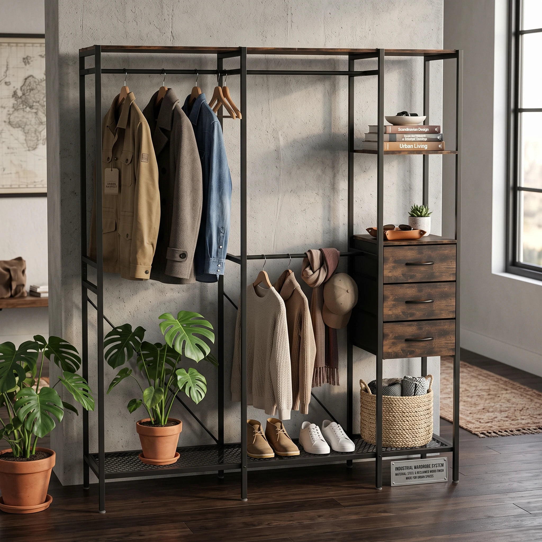 Freestanding Clothes Rack with 3 Fabric Drawers, Industrial Open Wardrobe Closet Organizer with Hanging Rails and Storage Shelves, Metal Frame, 59.5