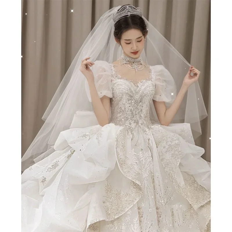 French White Women Wedding Dress New Bride High Quality Luxury Heavy Industry Palace Style Big Tail Main Yarn Cos Bride Suit