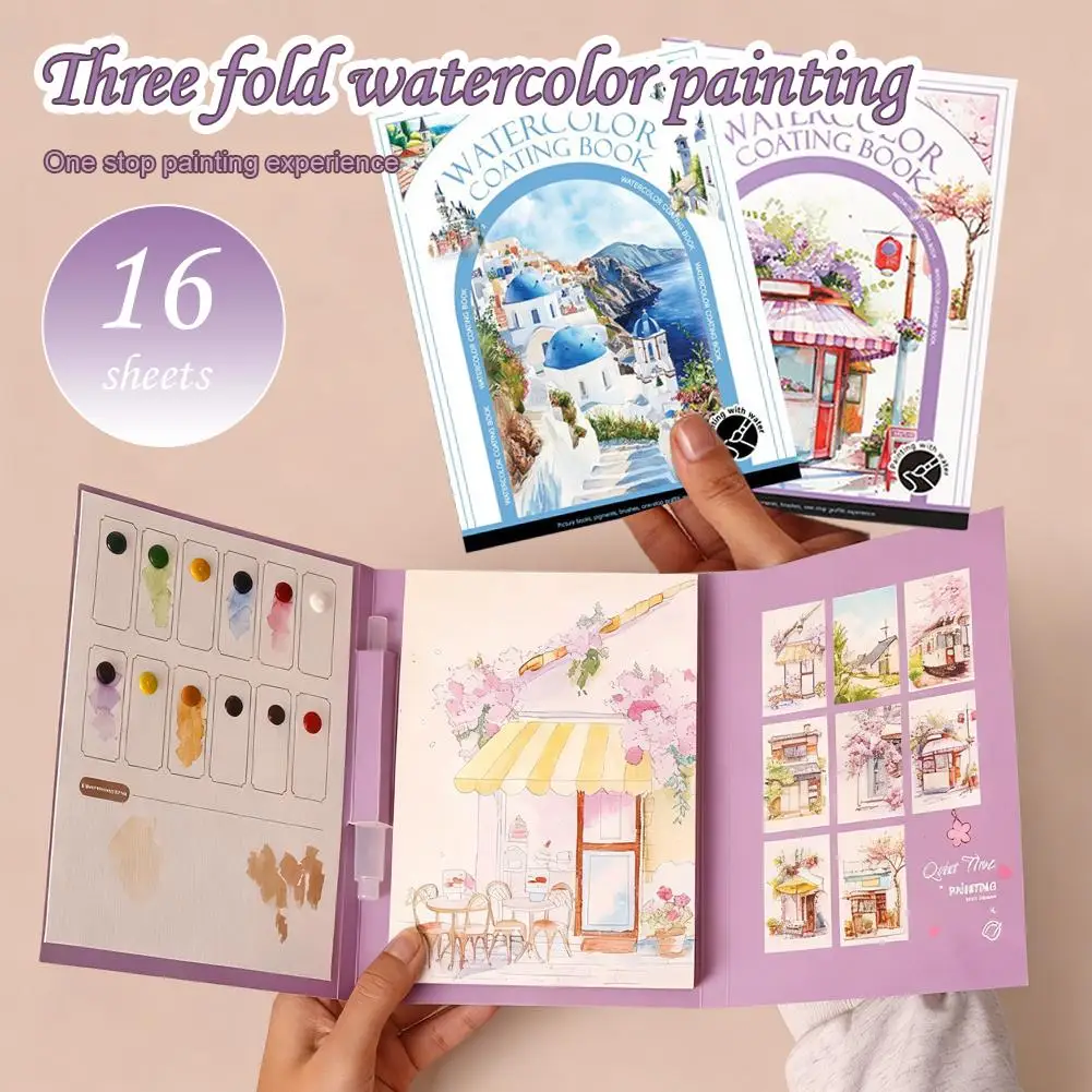 Art Travel Watercolor Painting Set with Tri-Fold Book, Built-in 12 Colors & Stress Relief Note Paper for DIY Art Therapy