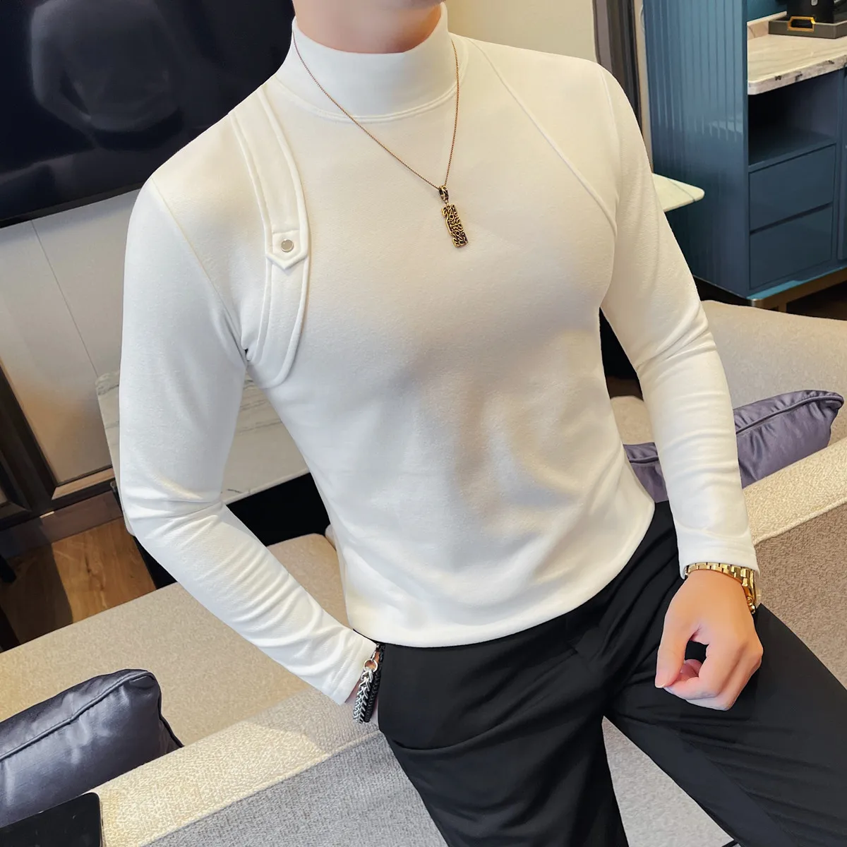 

Осень-зима, новая мужская двусторонняя бархатная футболка с высоким воротом, высококачественная дизайнерская футболка с ремешком, тонкая однотонная повседневная футболка с длинным рукавом