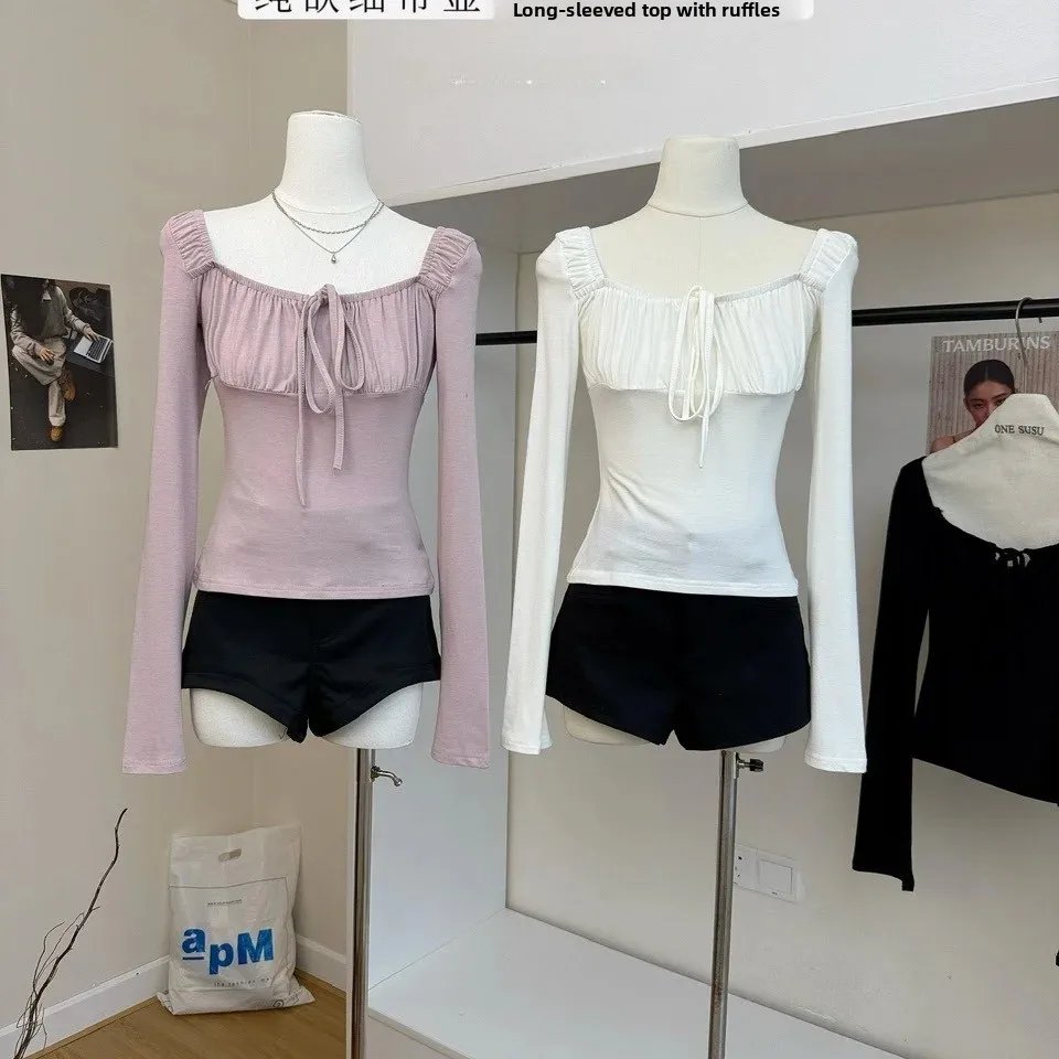 Sweet Casual Long Sleeve T-Shirt  Knot Waistband Folded Design Atmosphere Sensation Inner Wear Women's Slim Fit Top