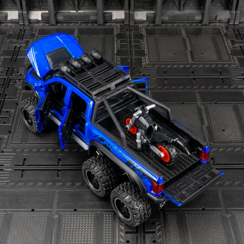 1:24 Ford Raptor met motorfietsversie legering automodel ornament, deur kan worden geopend, speelgoedauto voor kinderen, verjaardagscadeau