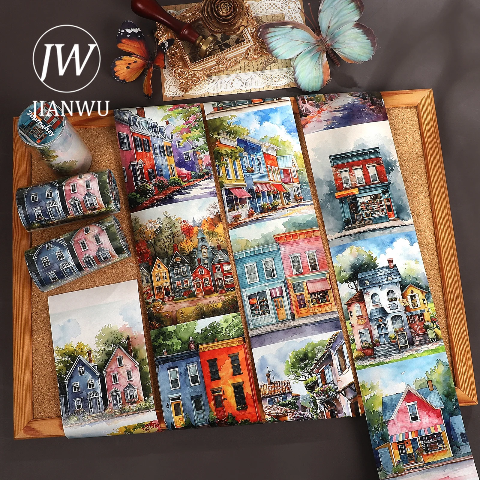 JIANWU 80mm*206cm Vintage Colorful Small Town Landscape Material Collage Scrapbooking Washi Tape Creative DIY Journal Stationery