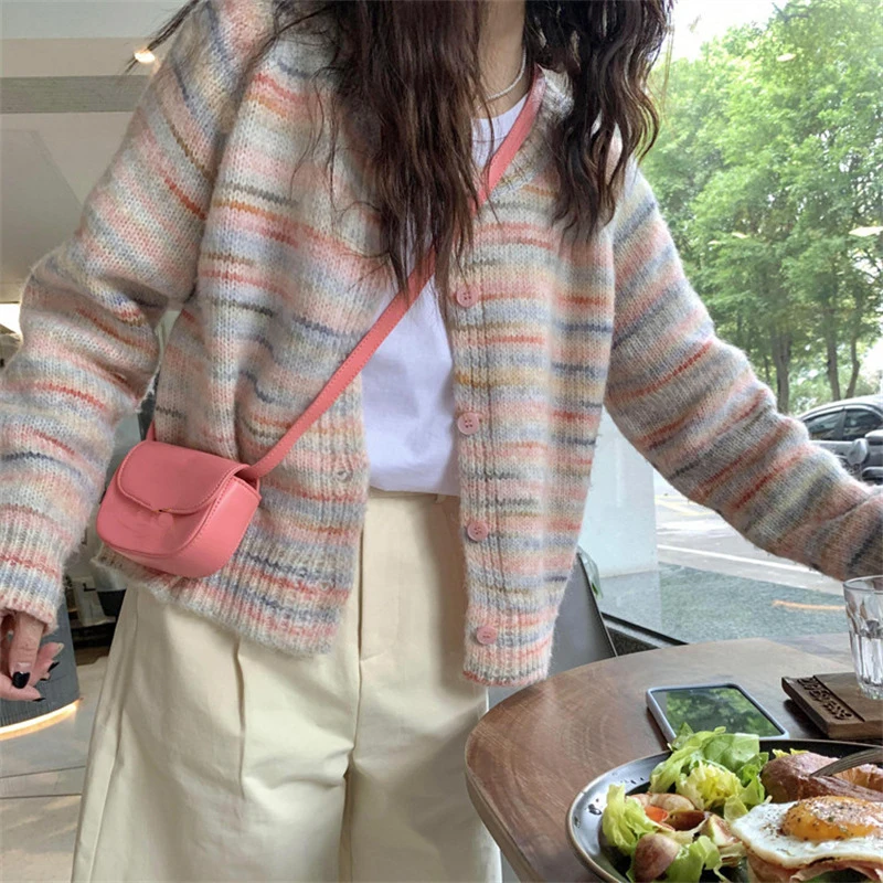 

2024 New Women Cardigans Coat O-Neck Colorful Sweater Single Button Women Cape Vintage Knitted Cardigan Women Autumn Tops