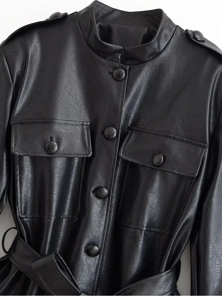 AACHOAE Women PU Leather Jacket Belted Waist Coat Stand Collar Button Front Long Sleeve Casual Vintage Faux Leather Outerwear