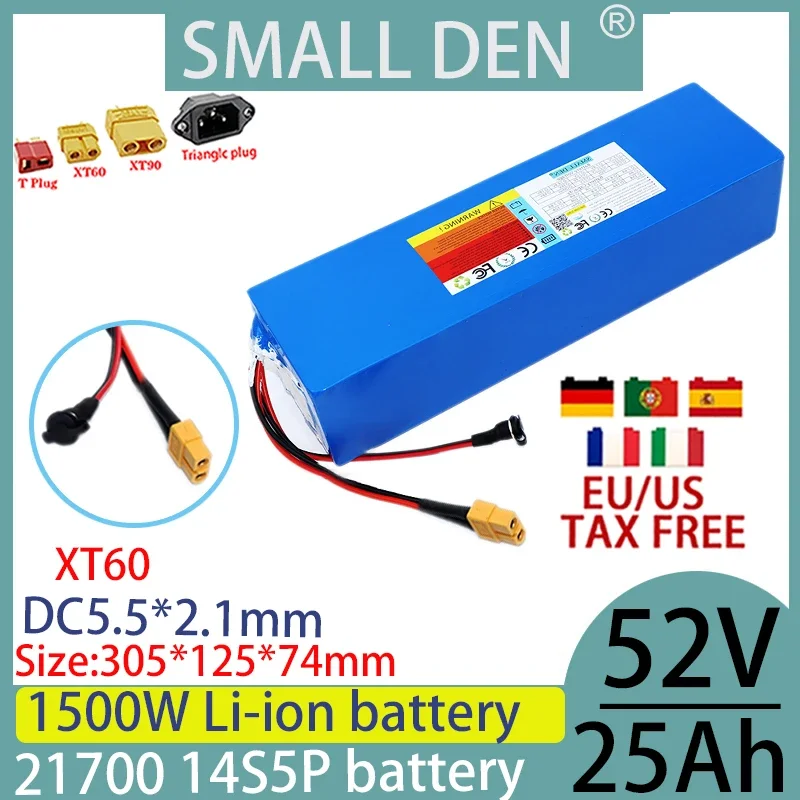 New 52V 25ah 21700 lithium battery pack 14S5P bicycle scooter motorcycle built-in 30A BMS 100-1500W high-power+2A 3A 5A charger