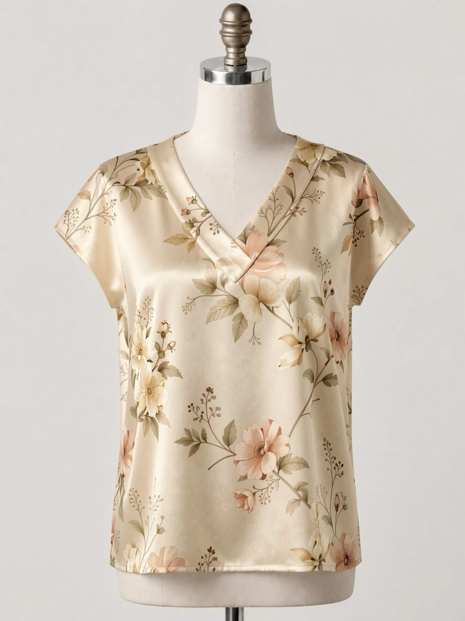 Floral Satin V Neck Top for Women Cap Sleeve Soft Draped Fit Silky Garden Party Daily Wear Lightweight Breathable Versatile Airy