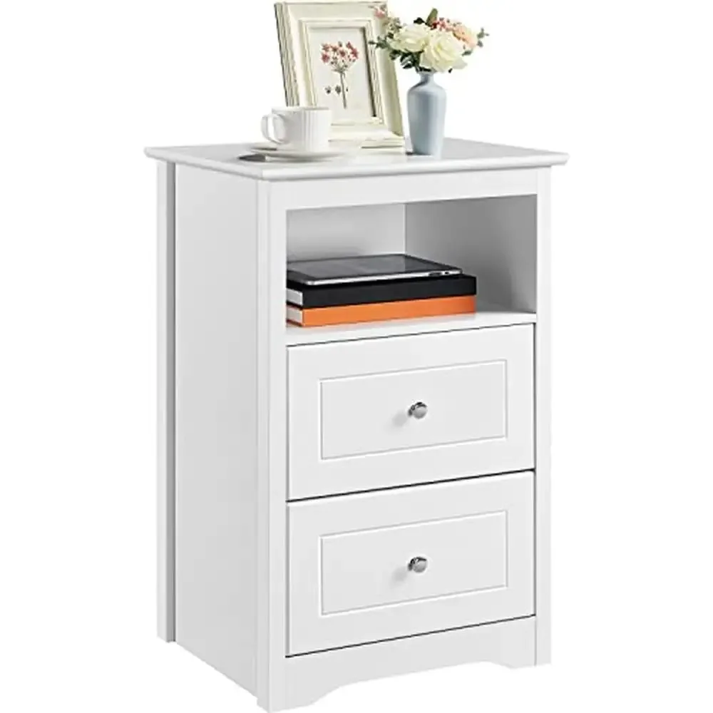 

Wooden Bedside Table Nightstand with 2 Drawers and 1 Open Shelf Durable & Practical Storage Solution Sturdy Construction Smooth