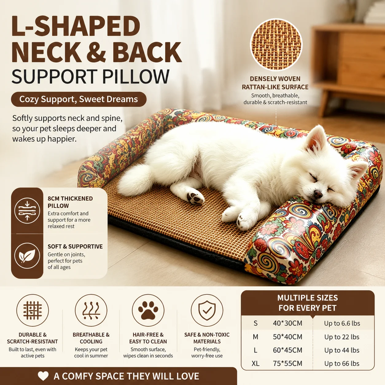 Rattan L-Shaped Cooling Pet Bed Breathable Scratch Resistant Dog Sofa Orthopedic Neck Support Cushion for Small Medium Large Dog