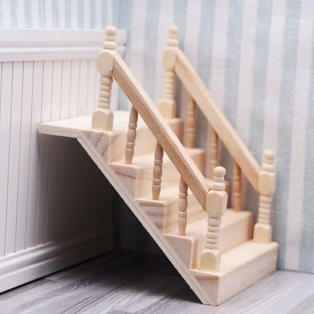 Wooden Dollhouse Staircase Unpainted Stair Step Miniature Staircase Micro Landscape Fairy Garden Footstep with Handrail