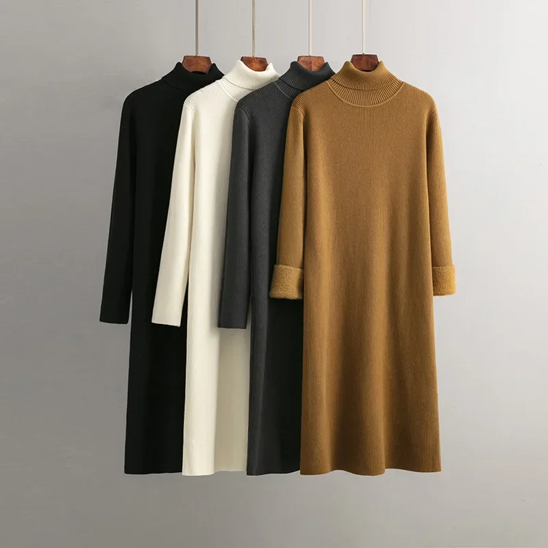 

Knitted Dresses Long Sleeve Losses Dress Women Turtleneck Long Dresses Autumn And Winter Solid Fashion Vestidos 2024 R47