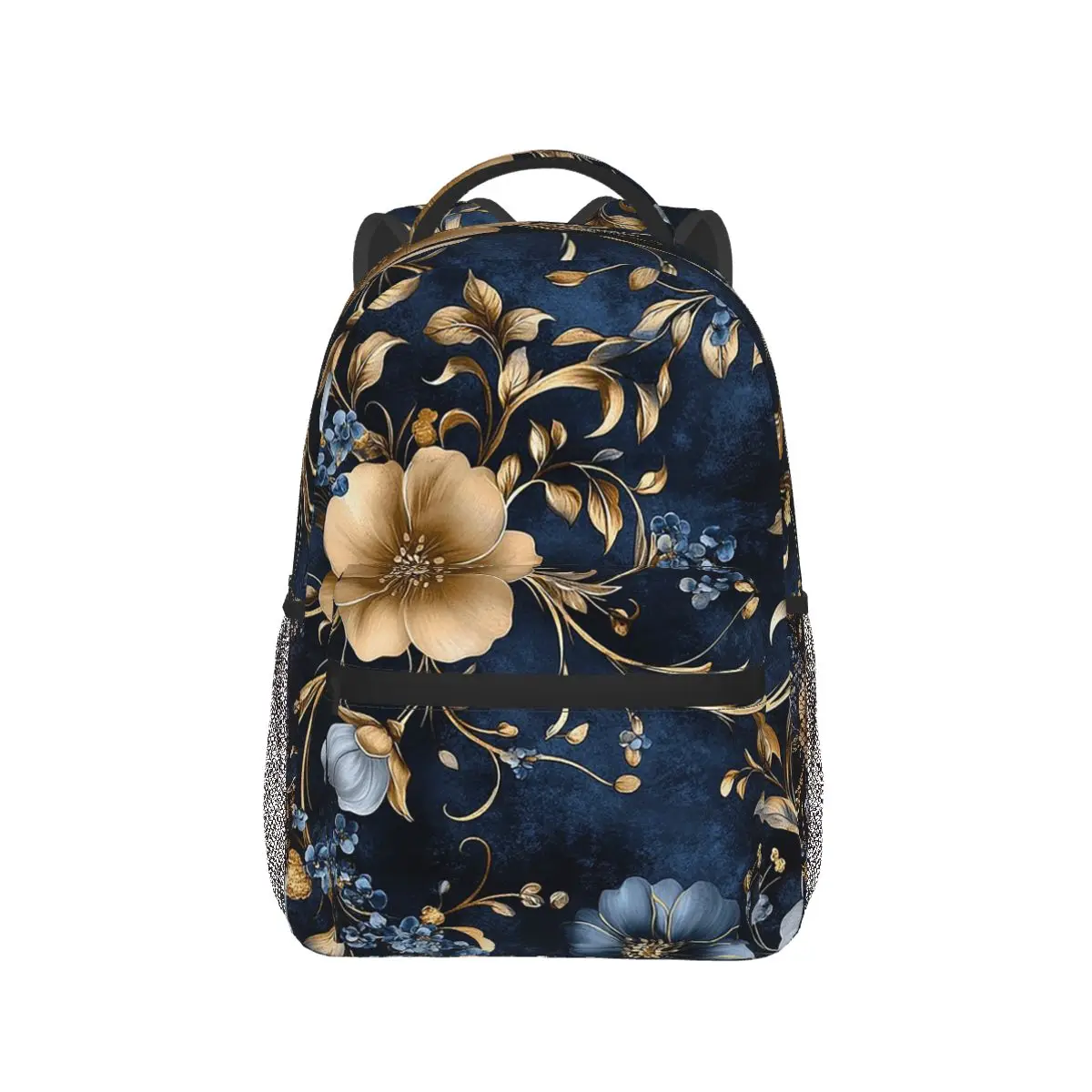 

Blue Flowers With Golden Borders Backpack Hot Sale Daypack Large Capacity Children BookBag School Bag Shoulder Bags for Unisex
