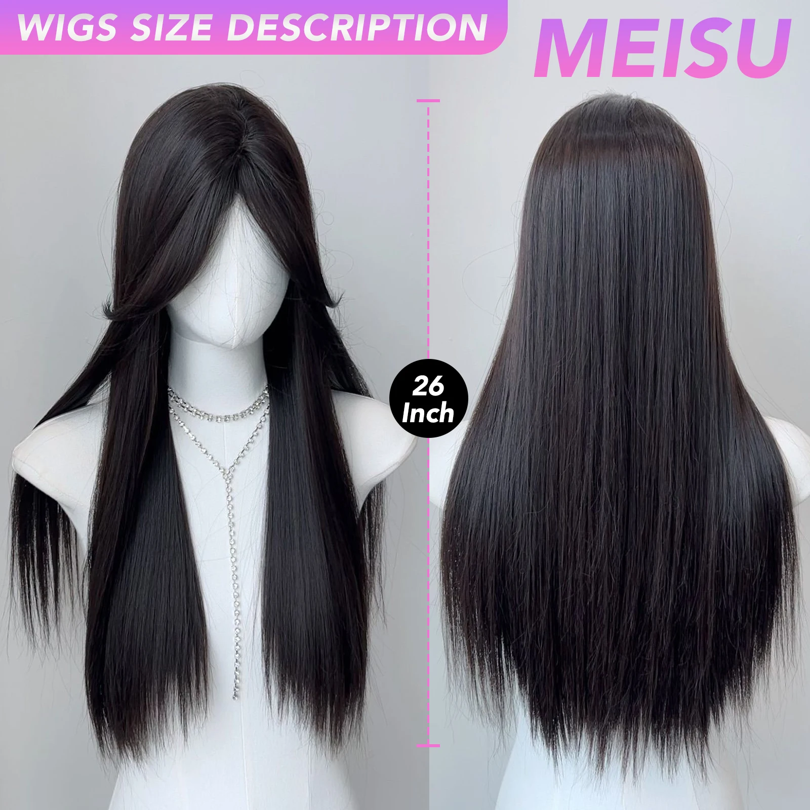 MEISU 26 بوصة طويلة مستقيمة منفصلة الانفجارات شعر مستعار أسود الاصطناعية الطبقات الألياف مقاومة للحرارة شعر طبيعي ناعم حفلة للنساء #3