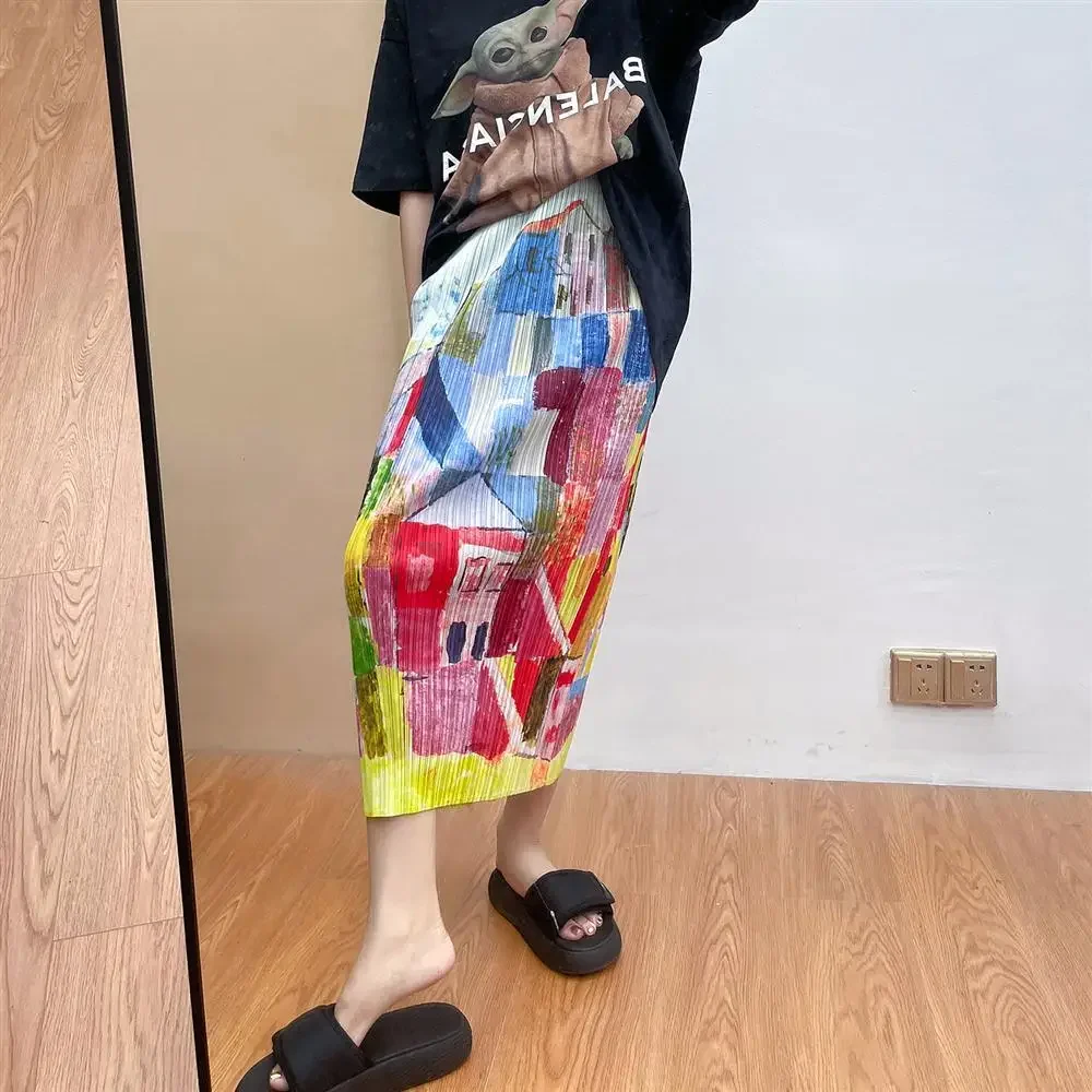 

Женское полуплатье с цифровым принтом морщин, прямые эластичные плиссированные платья с разрезом и высокой талией, женская одежда