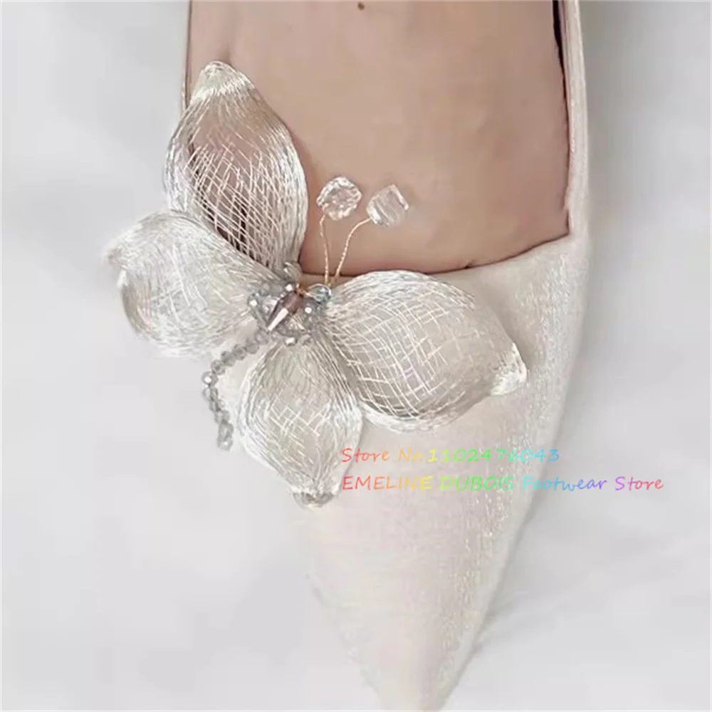 Three Dimensional Crystal Bead Butterfly Apricot High Heels Women Sexy Pointy Toe Silk Banquet Wedding Shoes Dress Pumps