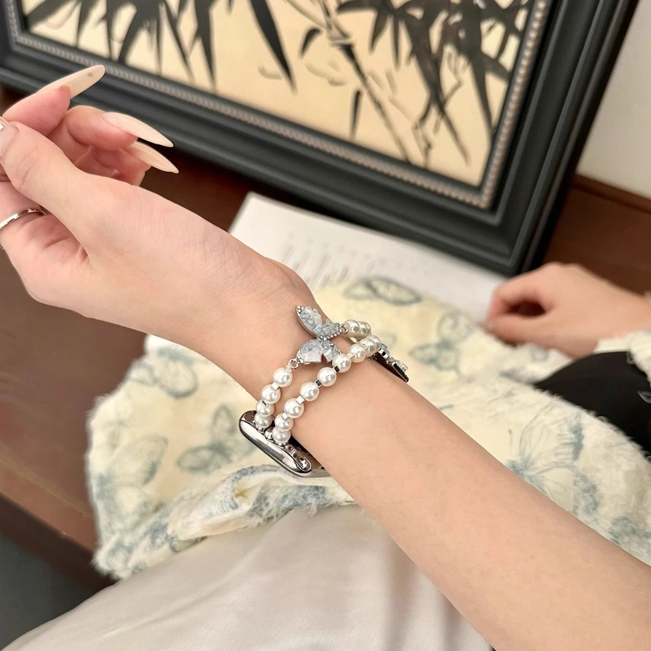 Luxuriöses Kristall-Schmetterlingsarmband für Apple Watch Band S11/10/9/8/7/SE/6/5/Ultra 3 Uhr 49/46/45/44/42/41/40/38 mm Perlenarmband – Detail 2