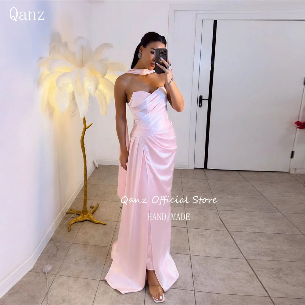 

Qanz Elegant Women Evening Dresses Mermaid Pink Satin Dresses For Wedding Guests Strapless Vestidos De Fiesta Customized