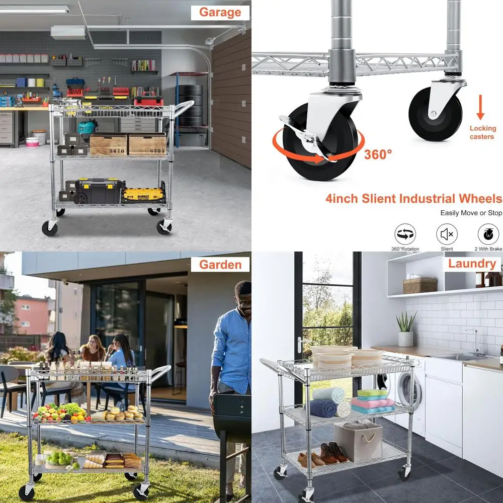 

Sturdy 3-Tier Utility Cart with 990 lbs Capacity, Silver Metal Kitchen Cart on Wheels, Commercial Serving Cart with Wire Shelves