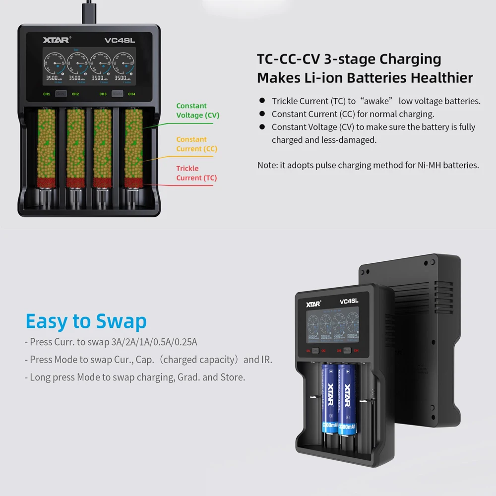 XTAR 18650 Battery Charger VC4SL QC3.0 Type C USB Charger Charging Rechargeable Li-ion Battery 20700 18650 21700 Battery Charger