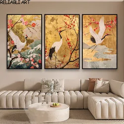 Chinese Style Golden Mountain Pine Tree Crane Poster and Prints,Canvas Painting ,Wall Art For Living Room Home Decor No Frame