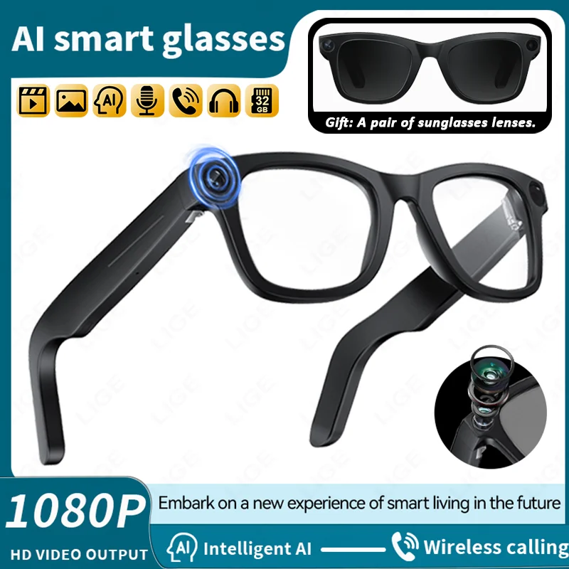 

Умные очки LIGE, 800 Вт, HD камера для съемки, фото, видео, AI, голосовой перевод, Bluetooth, AI, распознавание объектов, солнцезащитные очки, подарок