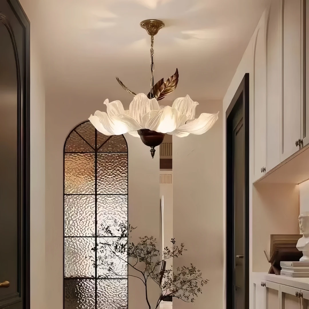 Vintage Magnolia Flower Chandelier Frosted Glass Pendant Light Retro Floral Ceiling Lamp for Living Room Bedroom Dining Room E14