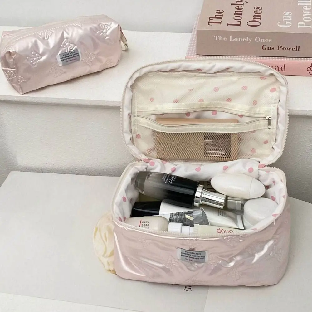 Korean PU Material Cosmetic Bag Storage Compartment Multi-function Toiletry Bag Bow Decoration Zipper Makeup Handbag Women's Use