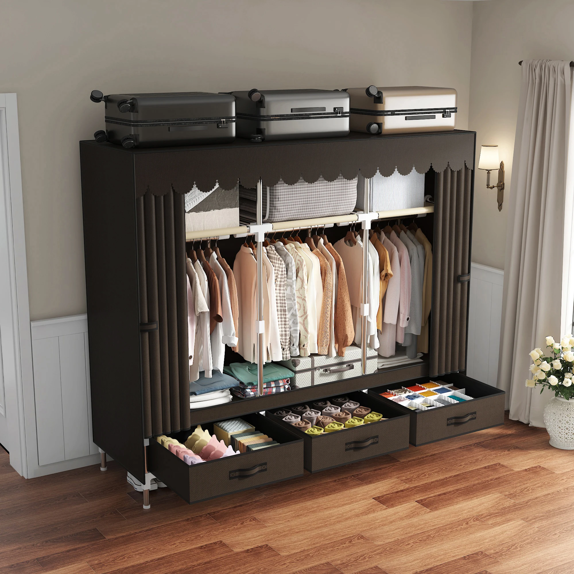 スチールフレームと不織布の防塵カバー付きポータブルワードロー - Wardrobe Closet Portable Fabric Cover のレビューと価格