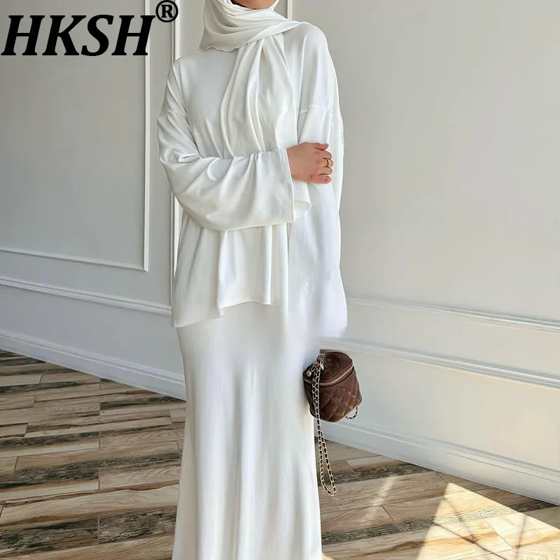 HKSH Spring Autumn New Women Two-piece Set O-neck Long Sleeve Solid Color Tee With Headscarf Casual Skirt Elegant Trendy HK12206