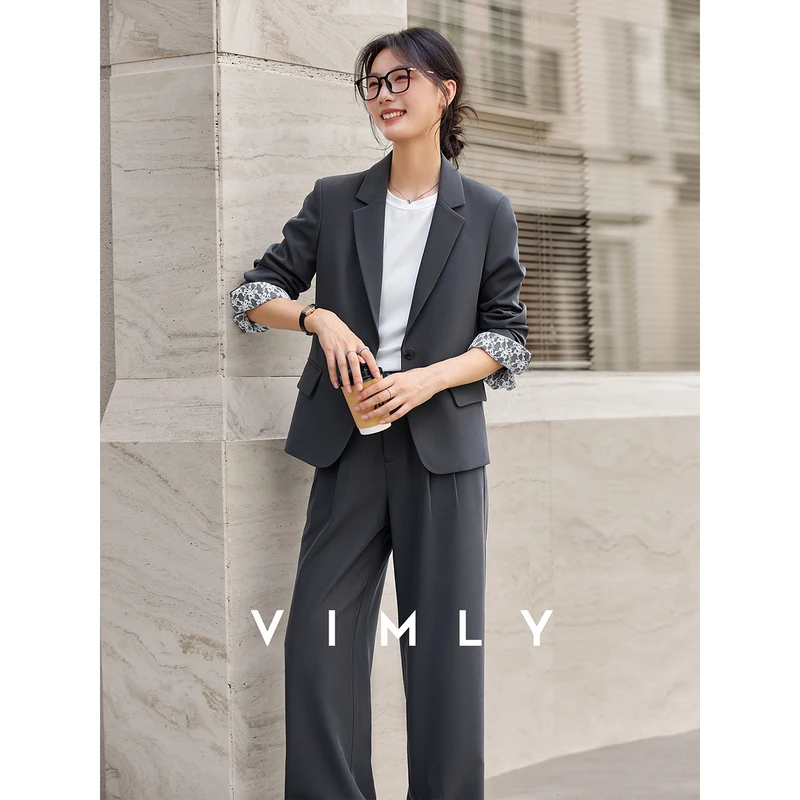 

VIMLY Women Office Work Wear Blazer Pant Suits 2025 Fall Cummute Outfits Grey Blazer Jacket Wide Leg Trousers 2 Piece Sets A2575