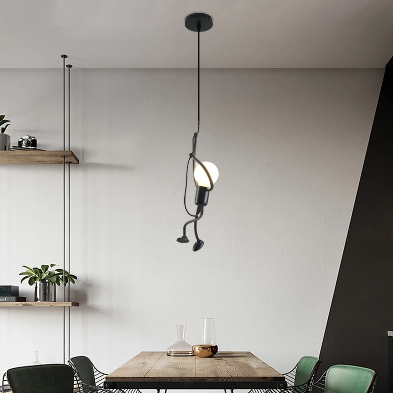 Vintage Iron Little Man Modern Arts Chandelier LED Ceiling Lamp Home Living Room Children Bedroom Decor Black E27 Pendant Lights image 3