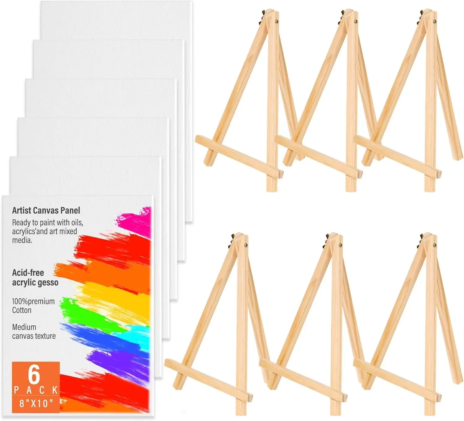 

6 Pack 8x10 Canvas Boards with Pine Easels for Painting, Beginner Art Kit for Acrylic Oil Watercolor