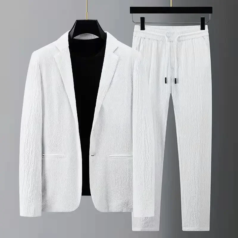 

Men Suit Drawstring Pants Blazers Men's Sets Tracksuit Spring Autumn Pleated Suits Thin Casual Outfits Black White Single Button