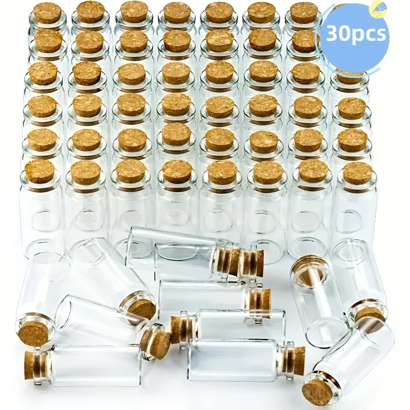 30 Pack Mini Clear Glass Bottles with Cork Lids | 10ml Oval Shape, Durable & Portable for DIY Crafts