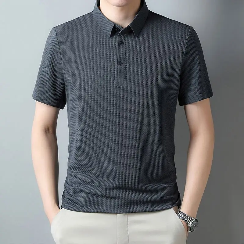 2024 Summer Thin Ice Silk Cool Men\'s Polo Shirt Solid Lapel Button Patchwork Smart Casual Elastic Breathable Short Sleeved Top