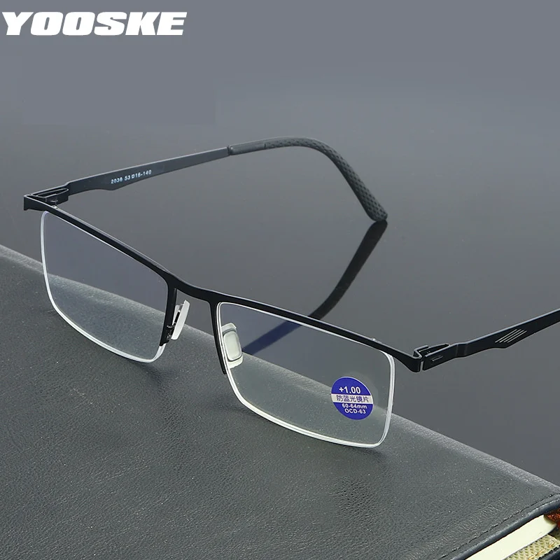 

YOOSKE Metal Anti Blue Light Reading Glasses Men Business Square Half Frame Hyperopia Presbyopia Eyeglasses Diopter +1.0 1.5 2.0