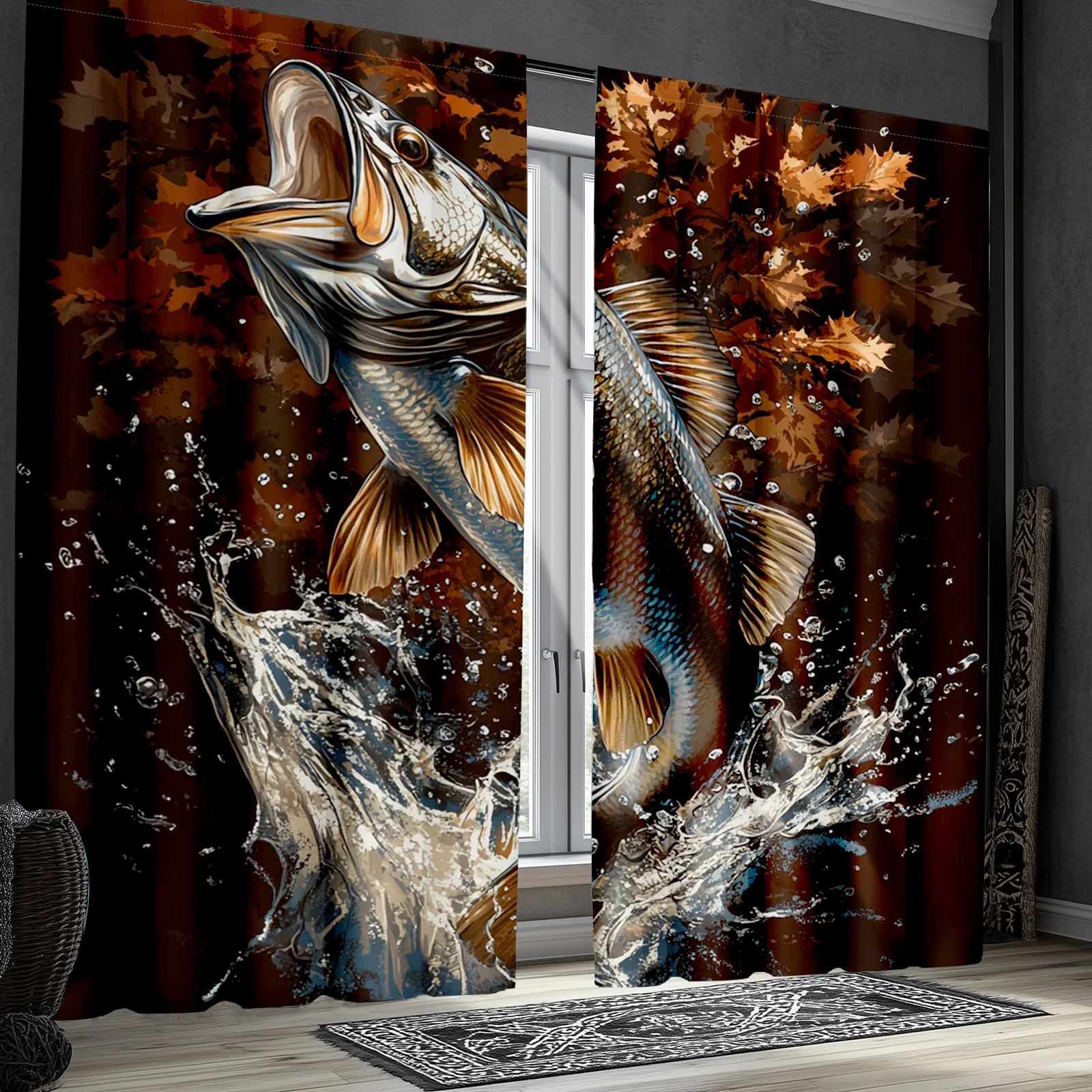 Bass Fish Curtains Water Splash Art Print Window Drapes Fishing Theme Home Decor Living Room Bedroom Outdoor Style Unique Design