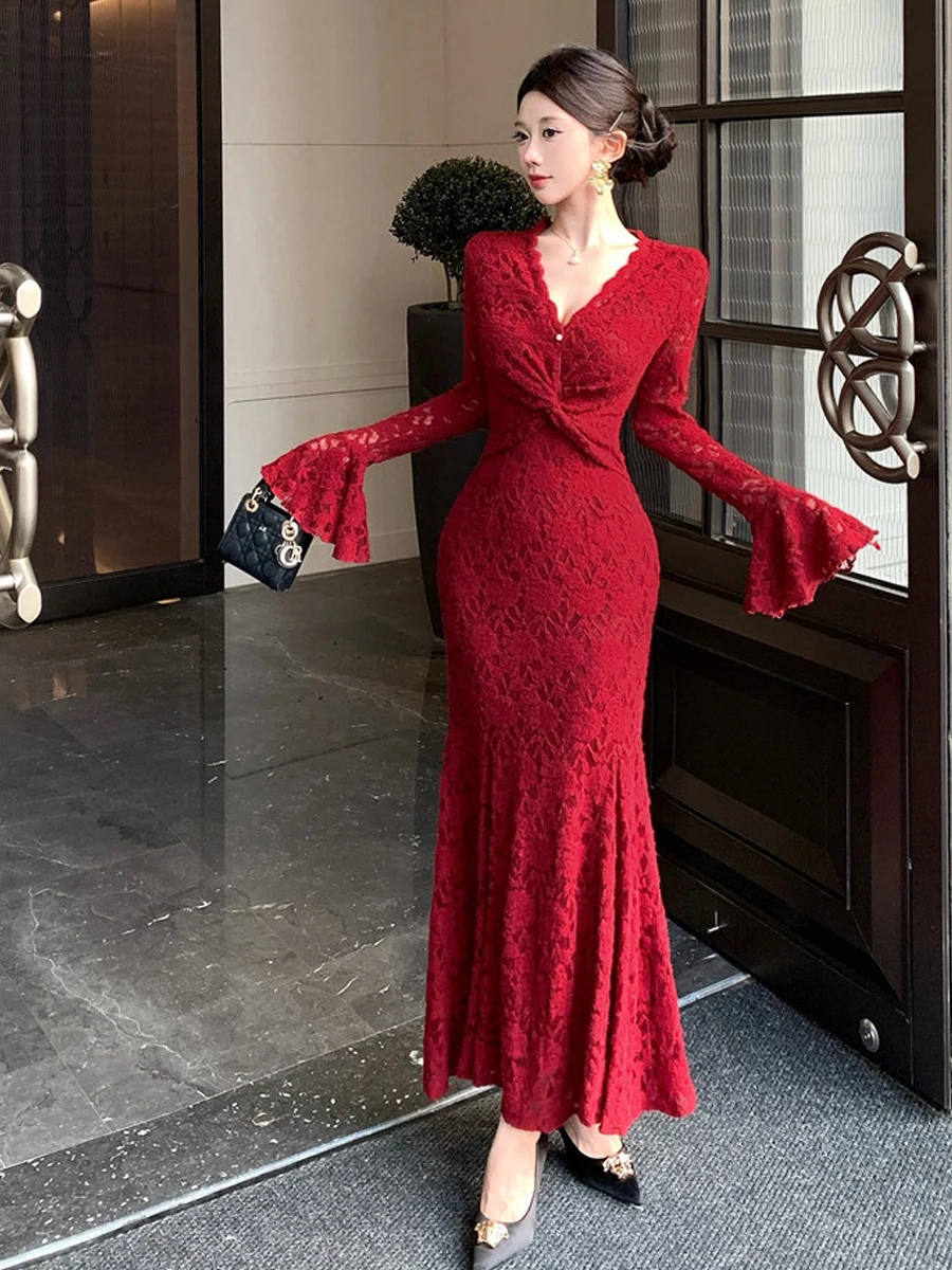 

Сексуальное женское длинное платье Pure Desire с шипами-колокольчиками, V-Ne, макси-юбка, кружевное облегающее платье для вечеринки и свадьбы