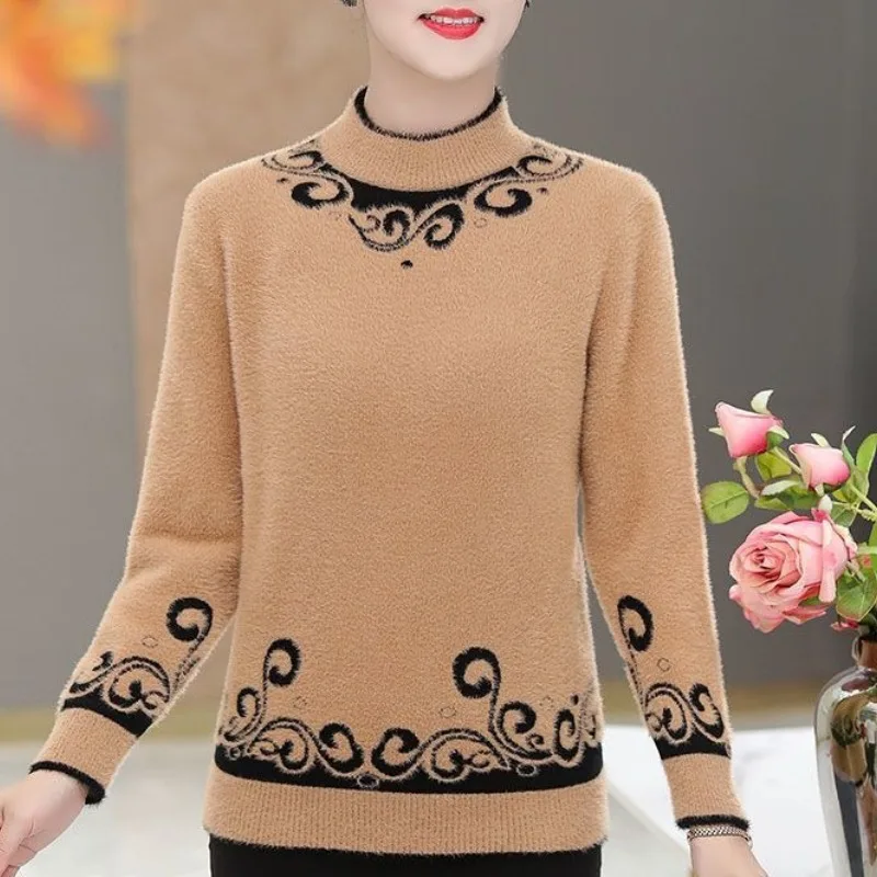 Women's Autumn Winter Pullover Turtleneck Geometric Pattern Flocked Long Sleeve Undershirt Sweater Knitted Casual Loose Tops