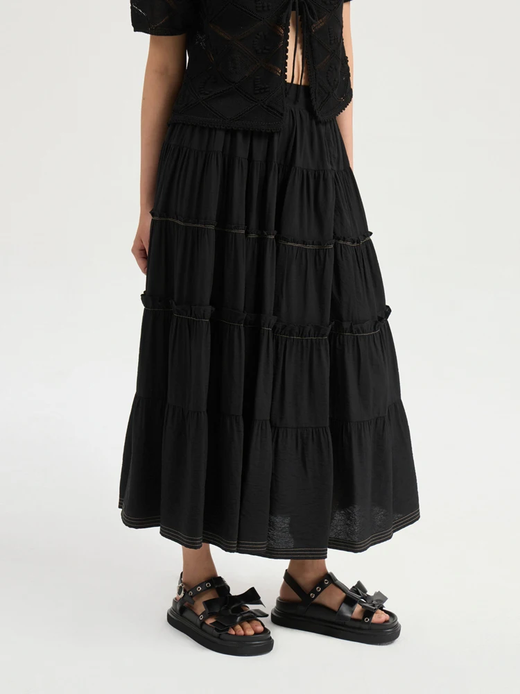 

Nuo Xiaola Authentic 2025 Summer New Brand L Home Wooden f Elastic Waist Skirt Korean Sle High Waist A-Line Skirt