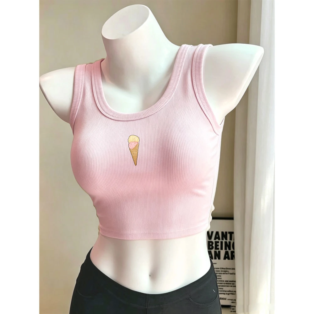 Two Scoops Ice Cream Cone Hand Drawn Print Y2K Camisole Ribbed Tank Top Bodycon Crop Top Sleeveless Cropped Tank Cami Vest Sweet