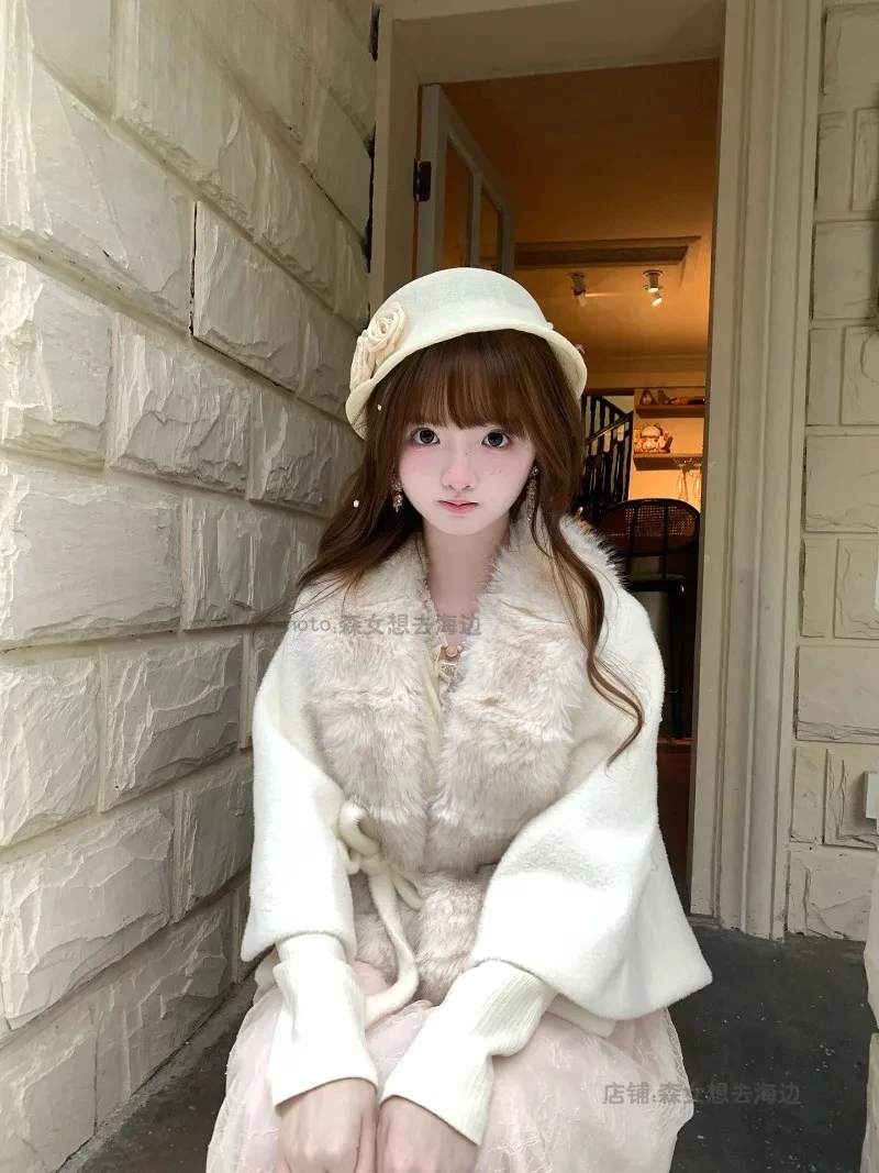 Autumn Winter New Original Beige Faux Fur Collar Cape Coat Sweet Cute Girls Versatile Solid Color Tie Short Shawl Jacket