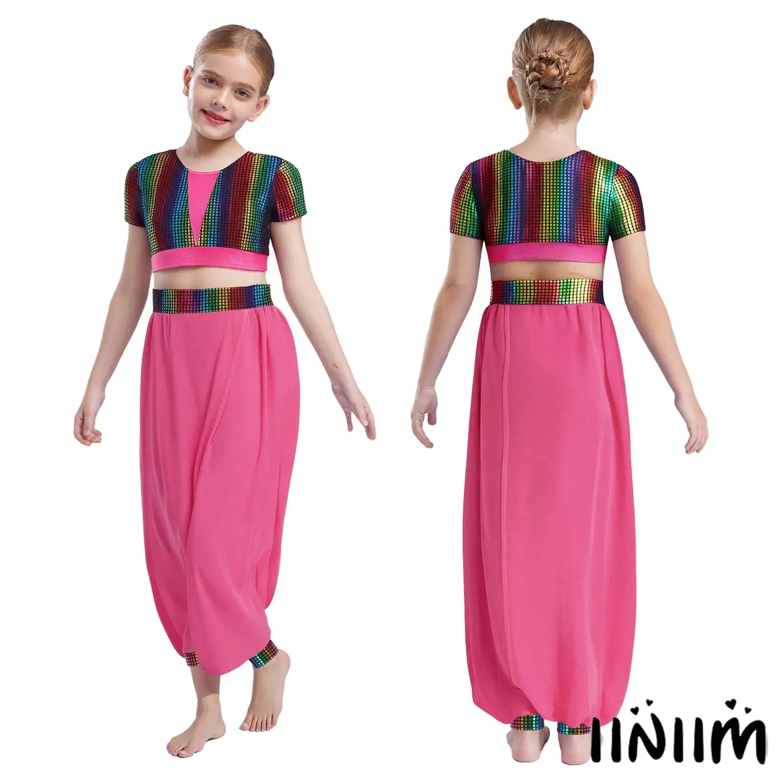 

Kids Girls Color-Block Dance Outfit Metallic Short-Sleeve Top Round Collar with Elastic Waist Pants for Jazz Dance Competitions