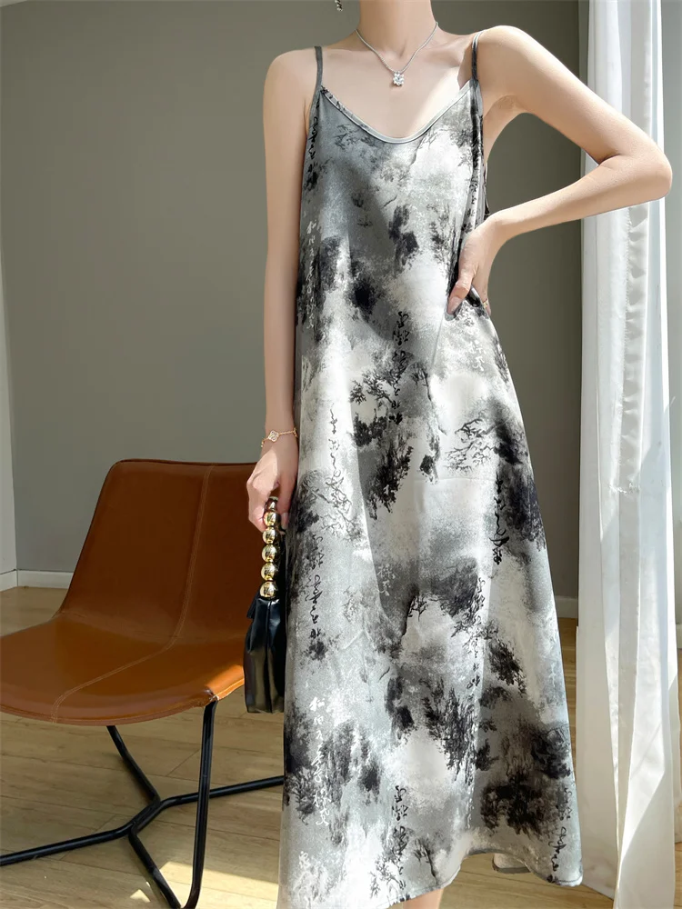 

Retro Floral Print Silk Satin Camisole Dress High Waist Long Skirt Women's Commute Style Clothing Summer Season A-Line Dress