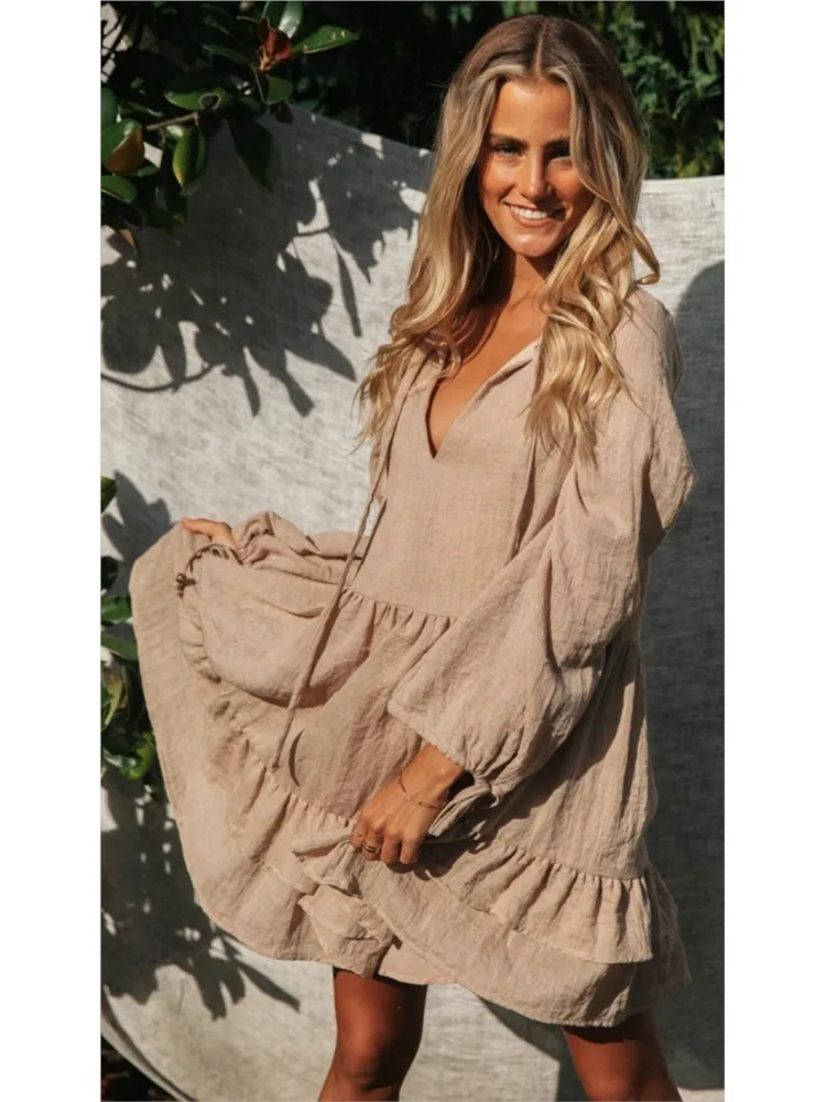 Spring Summer Loose Solid Women\'s Dress New Fashion V Neck Long Sleeve Beach Party Dresses Female Holiday For Women Robe Femme