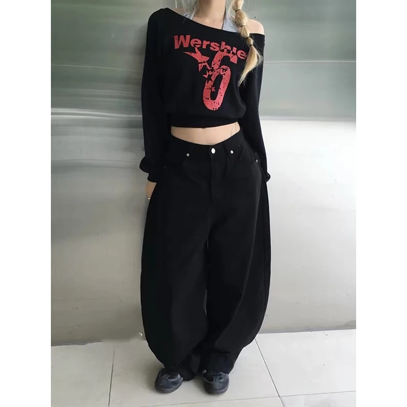 ZHIZOU Women Baggy Jeans Black Academia Rivet Punk Designer Harajuku Denim Pants Goblin Core Grunge Wide Fit American Retro Y2K