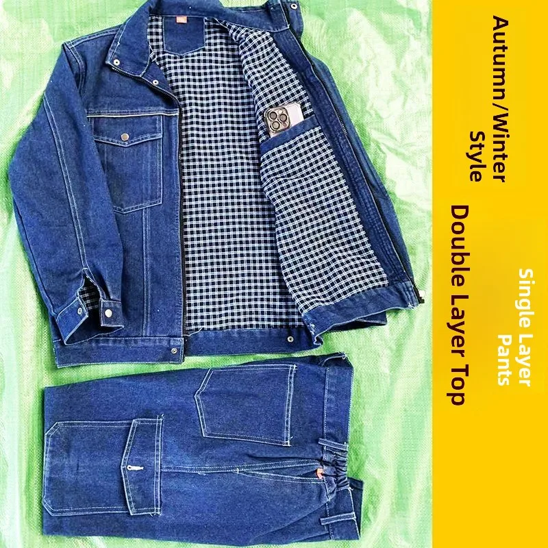 Completo Invernale da Lavoro in Denim Rinforzato a Doppio Strato per Uomo, Set con Pantaloni Resistenti all'Usura in Cotone, Anti-Scottatura
