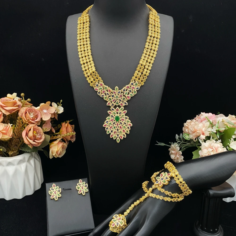 

JRH позолоченный медный цирконий свадебный комплект украшений сверкающие имитация аксессуаров с ожерельем, серьгами, браслетом, кольцом