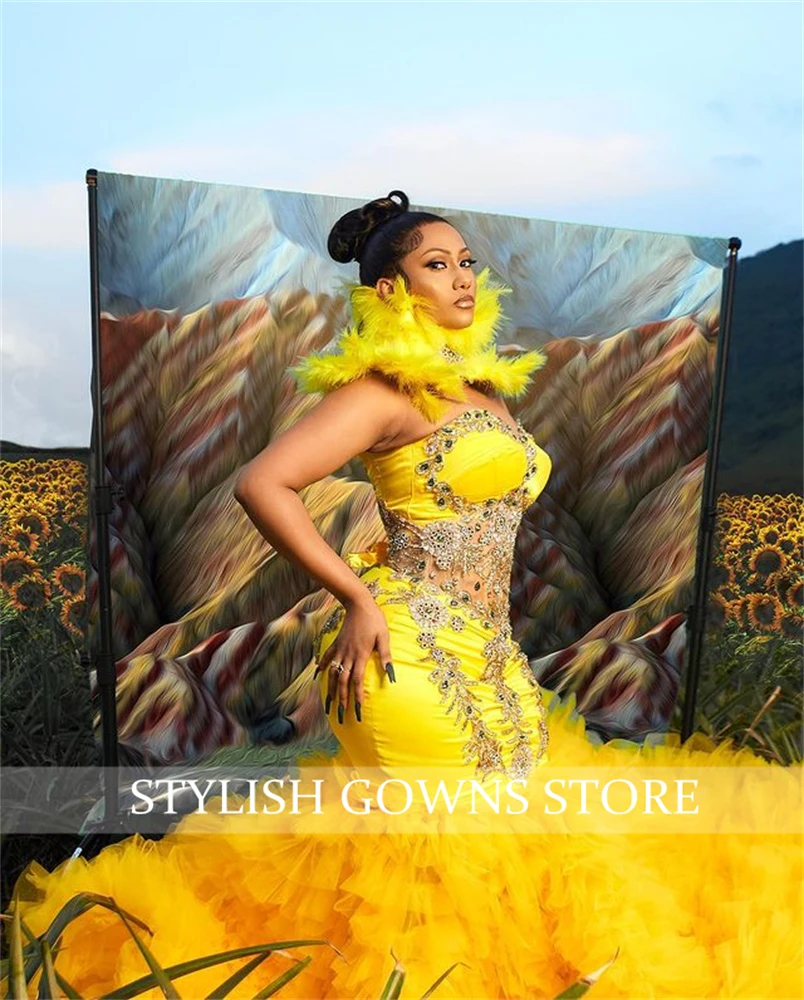 Yellow Sweetheart Evening Gown Feather Neck Birthday Party Gown Bead Crystal Formal Dress Ruffles Robe De Bal Aso Ebi Customized