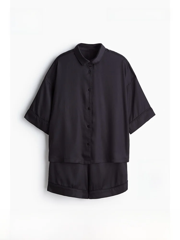 H&M Unisex Summer Silk Sleepwear Set Short Sleeve Small Collar Home Clothes Comfortable Breathable Lenzing Modal Fabric